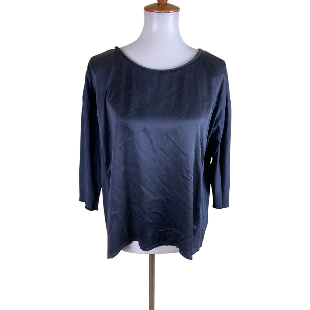 Go By GoSilk Navy Washable Silk Blend Minimalist‎ Blouse Small
